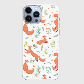 Чехол для iPhone 13 Pro Max с принтом Акварельные лисички в Петрозаводске,  |  | art | autumn | cute | pattern | winter | акварель | арт | арты | бежит | живопись | животные | зима | иллюстрация | лиса | лисица | лисы | милая | нарисованная | осень | охотник | пастель | паттерн | прыгает | пушистая