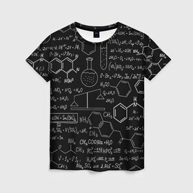 Женская футболка 3D с принтом Химические Формулы в Петрозаводске, 100% полиэфир ( синтетическое хлопкоподобное полотно) | прямой крой, круглый вырез горловины, длина до линии бедер | Тематика изображения на принте: атом | буквы | молекула | подарок | учителю | физика | формулы | химичке | химия | цифры