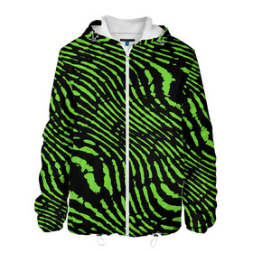 Мужская куртка 3D с принтом Зебра в Петрозаводске, ткань верха — 100% полиэстер, подклад — флис | прямой крой, подол и капюшон оформлены резинкой с фиксаторами, два кармана без застежек по бокам, один большой потайной карман на груди. Карман на груди застегивается на липучку | green | green lines | green neon | green neon lines | green zebra | lines | zebra | в полоску | зебра | зеленая зебра | зелёные полосы | зелёный | зелёный неон | полоски | полосы