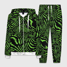 Мужской костюм 3D с принтом Зебра в Петрозаводске, 100% полиэстер | Манжеты и пояс оформлены тканевой резинкой, двухслойный капюшон со шнурком для регулировки, карманы спереди | green | green lines | green neon | green neon lines | green zebra | lines | zebra | в полоску | зебра | зеленая зебра | зелёные полосы | зелёный | зелёный неон | полоски | полосы