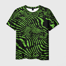Мужская футболка 3D с принтом Зебра в Петрозаводске, 100% полиэфир | прямой крой, круглый вырез горловины, длина до линии бедер | Тематика изображения на принте: green | green lines | green neon | green neon lines | green zebra | lines | zebra | в полоску | зебра | зеленая зебра | зелёные полосы | зелёный | зелёный неон | полоски | полосы