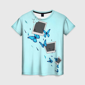 Женская футболка 3D с принтом Live Is Strange в Петрозаводске, 100% полиэфир ( синтетическое хлопкоподобное полотно) | прямой крой, круглый вырез горловины, длина до линии бедер | Тематика изображения на принте: бабочки | градиент | осколки | полароид