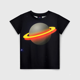 Детская футболка 3D с принтом Стальная планета в Петрозаводске, 100% гипоаллергенный полиэфир | прямой крой, круглый вырез горловины, длина до линии бедер, чуть спущенное плечо, ткань немного тянется | абстракция | космос | неон | оранжевый цвет | планета