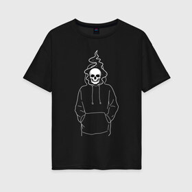 Женская футболка хлопок Oversize с принтом Скелет в худи в Петрозаводске, 100% хлопок | свободный крой, круглый ворот, спущенный рукав, длина до линии бедер
 | skull | звезды | космос | маг | скелет | стиль | хеллоуин | череп