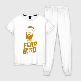 Женская пижама хлопок с принтом Fear The Beard в Петрозаводске, 100% хлопок | брюки и футболка прямого кроя, без карманов, на брюках мягкая резинка на поясе и по низу штанин | basketball | beard | game | harden | houston | james | nba | rockets | sport | баскетбол | борода | джеймс | нба | рокетс | спорт | тренер | харден | хьюстон | чемпион