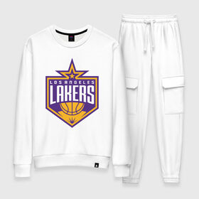 Женский костюм хлопок с принтом Los Angeles Lakers в Петрозаводске, 100% хлопок | на свитшоте круглая горловина, мягкая резинка по низу. Брюки заужены к низу, на них два вида карманов: два 