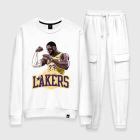 Женский костюм хлопок с принтом LeBron - Lakers в Петрозаводске, 100% хлопок | на свитшоте круглая горловина, мягкая резинка по низу. Брюки заужены к низу, на них два вида карманов: два 