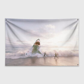 Флаг-баннер с принтом Мегалодон в Петрозаводске, 100% полиэстер | размер 67 х 109 см, плотность ткани — 95 г/м2; по краям флага есть четыре люверса для крепления | акула | акулы | волны | животное | животные | мегалодон | море | пейзаж | пейзажи | пляж | хищник | хищники