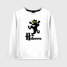Детский лонгслив хлопок с принтом Хэллоуин - Черный кот в Петрозаводске, 100% хлопок | круглый вырез горловины, полуприлегающий силуэт, длина до линии бедер | Тематика изображения на принте: cat | halloween | кот | котик | кошки | хэллоуин | черный кот