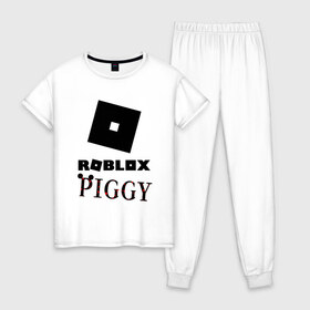 Женская пижама хлопок с принтом ROBLOX PIGGY в Петрозаводске, 100% хлопок | брюки и футболка прямого кроя, без карманов, на брюках мягкая резинка на поясе и по низу штанин | 