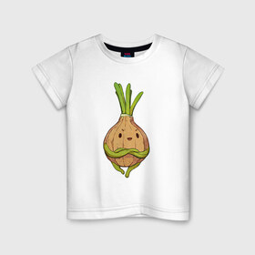 Детская футболка хлопок с принтом Хитрый лук в Петрозаводске, 100% хлопок | круглый вырез горловины, полуприлегающий силуэт, длина до линии бедер | арт | зелёный | лук | луковица | овощ | рисунок | хитрец | хитрый