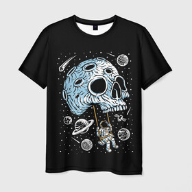 Мужская футболка 3D с принтом Skull Space в Петрозаводске, 100% полиэфир | прямой крой, круглый вырез горловины, длина до линии бедер | art | asteroid | astronaut | meteorite | planets | satellite | skull | space | stars | арт | астероид | звезды | космонавт | космос | метеорит | планеты | спутник | череп