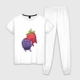 Женская пижама хлопок с принтом Смородинки в Петрозаводске, 100% хлопок | брюки и футболка прямого кроя, без карманов, на брюках мягкая резинка на поясе и по низу штанин | арт | красная смородина | мило | милота | рисунок | свежая ягода | свежие ягоды | свежий продукт | смородина | чёрная смородина | ягода | ягоды