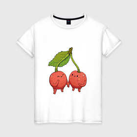 Женская футболка хлопок с принтом Сестрички-вишни в Петрозаводске, 100% хлопок | прямой крой, круглый вырез горловины, длина до линии бедер, слегка спущенное плечо | арт | вишенка | вишенки | вишня | мило | милота | рисунок | свежий продукт | свежий ягода | ягода