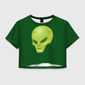 Женская футболка Crop-top 3D с принтом Пришелец в Петрозаводске, 100% полиэстер | круглая горловина, длина футболки до линии талии, рукава с отворотами | голова | зеленый человечек | инопланетянин | пришелец | пришельцы