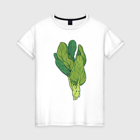 Женская футболка хлопок с принтом Шпинат в Петрозаводске, 100% хлопок | прямой крой, круглый вырез горловины, длина до линии бедер, слегка спущенное плечо | арт | мило | милота | овощ | овощи | рисунок | свежие овощи | свежий овощ | свежий продукт | шпинат