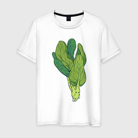 Мужская футболка хлопок с принтом Шпинат в Петрозаводске, 100% хлопок | прямой крой, круглый вырез горловины, длина до линии бедер, слегка спущенное плечо. | арт | мило | милота | овощ | овощи | рисунок | свежие овощи | свежий овощ | свежий продукт | шпинат