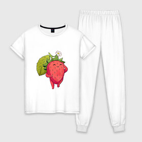 Женская пижама хлопок с принтом Довольная клубника в Петрозаводске, 100% хлопок | брюки и футболка прямого кроя, без карманов, на брюках мягкая резинка на поясе и по низу штанин | арт | белый цветок | белый цветочек | клубника | мило | милота | рисунок | свежая ягода | свежие ягоды | свежий продукт | цветок | цветочек | ягода | ягоды