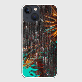 Чехол для iPhone 13 mini с принтом Palm glitch art в Петрозаводске,  |  | art | astraction | glitch | palm | sky | абстракция | арт | ветки | глитч | листья | небо | пальмы