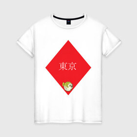 Женская футболка хлопок с принтом Японская фугу в Петрозаводске, 100% хлопок | прямой крой, круглый вырез горловины, длина до линии бедер, слегка спущенное плечо | надпись | ромб | рыба | токио | фугу | японское