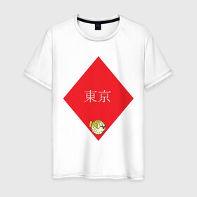 Мужская футболка хлопок с принтом Японская фугу в Петрозаводске, 100% хлопок | прямой крой, круглый вырез горловины, длина до линии бедер, слегка спущенное плечо. | Тематика изображения на принте: надпись | ромб | рыба | токио | фугу | японское