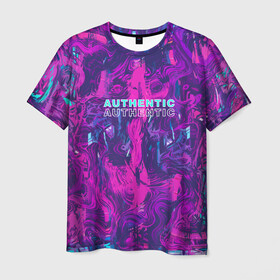 Мужская футболка 3D с принтом AUTHENTIC в Петрозаводске, 100% полиэфир | прямой крой, круглый вырез горловины, длина до линии бедер | abstraction | authentic | абстракция | аутентичный | брызги | надпись на английском | прикольная надпись | разводы | текстура | узор | фиолетовый