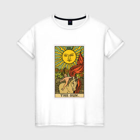 Женская футболка хлопок с принтом Аркан Солнце в Петрозаводске, 100% хлопок | прямой крой, круглый вырез горловины, длина до линии бедер, слегка спущенное плечо | аркан | духовность | знания | мистика | оккультныезнаки | символы | солнце | старший | тайные | таро | эзотерика