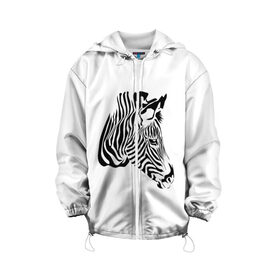 Детская куртка 3D с принтом Zebra в Петрозаводске, 100% полиэстер | застежка — молния, подол и капюшон оформлены резинкой с фиксаторами, по бокам — два кармана без застежек, один потайной карман на груди, плотность верхнего слоя — 90 г/м2; плотность флисового подклада — 260 г/м2 | Тематика изображения на принте: africa | black | savanna | stripe | white | zebra | африка | белый | зебра | полоска | саванна | черный