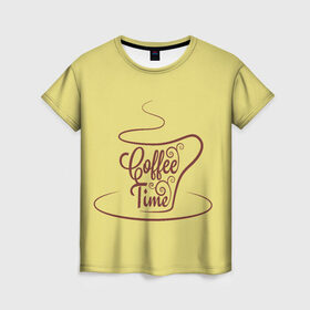 Женская футболка 3D с принтом Время пить кофе в Петрозаводске, 100% полиэфир ( синтетическое хлопкоподобное полотно) | прямой крой, круглый вырез горловины, длина до линии бедер | время кофе | кофе | кофейная тема | кофейное настроение | настроение. | позитив | узоры