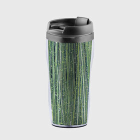 Термокружка-непроливайка с принтом Зеленый бамбук в Петрозаводске, внутренняя часть — пищевой пластик, наружная часть — прозрачный пластик, между ними — полиграфическая вставка с рисунком | объем — 350 мл, герметичная крышка | bamboo | forest | stripes | бамбук | заросли | лес | листья | полосы | растения