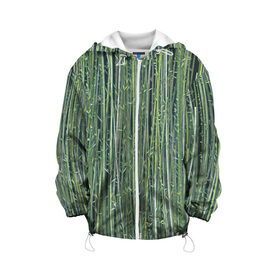Детская куртка 3D с принтом Зеленый бамбук в Петрозаводске, 100% полиэстер | застежка — молния, подол и капюшон оформлены резинкой с фиксаторами, по бокам — два кармана без застежек, один потайной карман на груди, плотность верхнего слоя — 90 г/м2; плотность флисового подклада — 260 г/м2 | Тематика изображения на принте: bamboo | forest | stripes | бамбук | заросли | лес | листья | полосы | растения