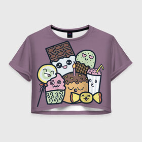 Женская футболка Crop-top 3D с принтом Дудл сладости в Петрозаводске, 100% полиэстер | круглая горловина, длина футболки до линии талии, рукава с отворотами | doodle | дудл | каваи | кекс | конфета | леденец | мороженое | напиток | сладости | торт | шоколад