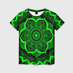 Женская футболка 3D с принтом Mandala  в Петрозаводске, 100% полиэфир ( синтетическое хлопкоподобное полотно) | прямой крой, круглый вырез горловины, длина до линии бедер | abstraction | light green | mandala | pattern | shape | tangled | texture | абстракция | запутанный | салатовый | текстура | узор | формы