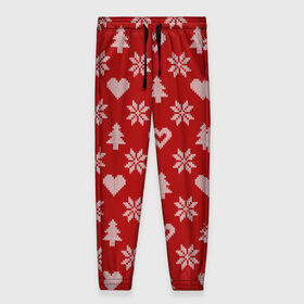 Женские брюки 3D с принтом Красный рождественский свитер в Петрозаводске, полиэстер 100% | прямой крой, два кармана без застежек по бокам, с мягкой трикотажной резинкой на поясе и по низу штанин. В поясе для дополнительного комфорта — широкие завязки | 