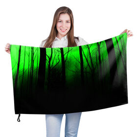 Флаг 3D с принтом G-loomy в Петрозаводске, 100% полиэстер | плотность ткани — 95 г/м2, размер — 67 х 109 см. Принт наносится с одной стороны | Тематика изображения на принте: fog | forest | gloomy | green fog | night | radiation | trees | деревья | зеленый туман | лес | мрачный | ночь | радиация | туман