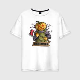 Женская футболка хлопок Oversize с принтом Halloween в Петрозаводске, 100% хлопок | свободный крой, круглый ворот, спущенный рукав, длина до линии бедер
 | blood | diablo | haloween | horror | дьявол | зомби | кости | кровь | мозги | мясо | страшилка | ужасы | хеллоуин | хелоуин