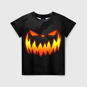 Детская футболка 3D с принтом Pumpkin smile and bats в Петрозаводске, 100% гипоаллергенный полиэфир | прямой крой, круглый вырез горловины, длина до линии бедер, чуть спущенное плечо, ткань немного тянется | Тематика изображения на принте: 2020 | bat | bats | face | halloween | mask | nightmare | pumpkin | scary | smile | smiling | летучая | лицо | маска | мыши | мышь | привидение | страшная | тыква | улыбка | хэлоуин