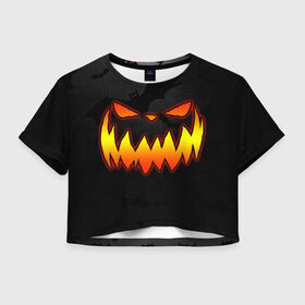 Женская футболка Crop-top 3D с принтом Pumpkin smile and bats в Петрозаводске, 100% полиэстер | круглая горловина, длина футболки до линии талии, рукава с отворотами | 2020 | bat | bats | face | halloween | mask | nightmare | pumpkin | scary | smile | smiling | летучая | лицо | маска | мыши | мышь | привидение | страшная | тыква | улыбка | хэлоуин