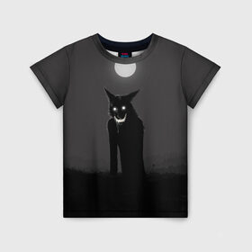 Детская футболка 3D с принтом ОБОРОТЕНЬ в Петрозаводске, 100% гипоаллергенный полиэфир | прямой крой, круглый вырез горловины, длина до линии бедер, чуть спущенное плечо, ткань немного тянется | волк | луна | необычно | оборотень | оскал | полнолуние | прикольно | страшно | хэллоуин
