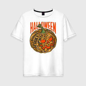Женская футболка хлопок Oversize с принтом Halloween тыква в Петрозаводске, 100% хлопок | свободный крой, круглый ворот, спущенный рукав, длина до линии бедер
 | blood | diablo | haloween | horror | дьявол | зомби | кости | кровь | мозги | мясо | страшилка | ужасы | хеллоуин | хелоуин