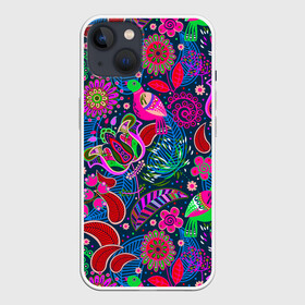 Чехол для iPhone 13 с принтом Pret в Петрозаводске,  |  | birds | branches | bright | colorful | flowers | folklore | leaves | motley | ornament | pattern | tangled | ветки | запутанный | листья | орнамент | пестрый | птицы | разноцветный | узор | фольклор | цветы | яркий