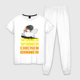 Женская пижама хлопок с принтом PUBG Winner Chicken Dinner в Петрозаводске, 100% хлопок | брюки и футболка прямого кроя, без карманов, на брюках мягкая резинка на поясе и по низу штанин | pubg | winner chicken dinner | пубг