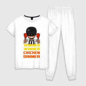 Женская пижама хлопок с принтом PUBG Winner Chicken Dinner в Петрозаводске, 100% хлопок | брюки и футболка прямого кроя, без карманов, на брюках мягкая резинка на поясе и по низу штанин | 