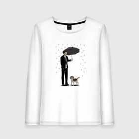 Женский лонгслив хлопок с принтом Под дождем в Петрозаводске, 100% хлопок |  | beagle | бигль | джон уикместь | дождь | забота | защита животных | зонт | киану ривз | охрана | собака