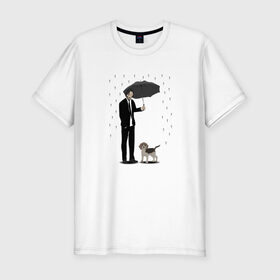 Мужская футболка хлопок Slim с принтом Под дождем в Петрозаводске, 92% хлопок, 8% лайкра | приталенный силуэт, круглый вырез ворота, длина до линии бедра, короткий рукав | beagle | бигль | джон уикместь | дождь | забота | защита животных | зонт | киану ривз | охрана | собака