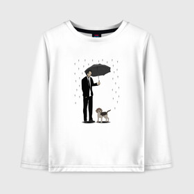 Детский лонгслив хлопок с принтом Под дождем в Петрозаводске, 100% хлопок | круглый вырез горловины, полуприлегающий силуэт, длина до линии бедер | beagle | бигль | джон уикместь | дождь | забота | защита животных | зонт | киану ривз | охрана | собака