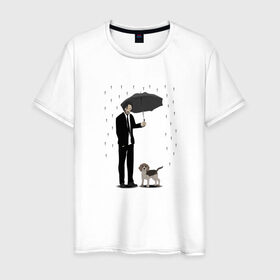 Мужская футболка хлопок с принтом Под дождем в Петрозаводске, 100% хлопок | прямой крой, круглый вырез горловины, длина до линии бедер, слегка спущенное плечо. | Тематика изображения на принте: beagle | бигль | джон уикместь | дождь | забота | защита животных | зонт | киану ривз | охрана | собака