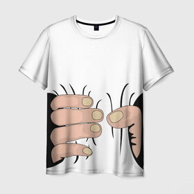 Мужская футболка 3D с принтом Hand в Петрозаводске, 100% полиэфир | прямой крой, круглый вырез горловины, длина до линии бедер | hand | иллюстрация | обхват | прикол | руки | сжал | сжатие | юмор