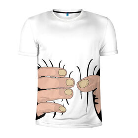 Мужская футболка 3D спортивная с принтом Hand в Петрозаводске, 100% полиэстер с улучшенными характеристиками | приталенный силуэт, круглая горловина, широкие плечи, сужается к линии бедра | hand | иллюстрация | обхват | прикол | руки | сжал | сжатие | юмор