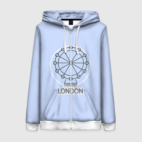 Женская толстовка 3D на молнии с принтом Лондон London Eye в Петрозаводске, 100% полиэстер | длина до линии бедра, манжеты и пояс оформлены мягкой тканевой резинкой, двухслойный капюшон со шнурком для регулировки, спереди молния, по бокам два кармана | Тематика изображения на принте: blue circle | england | english | europe | eye | gb | icon | london | travel | uk | vacation | англия | аттракцион | великобритания | европа | иконка | колесо обозрения | лондон | лондонский глаз | надпись | отпуск | поездка | путешествие |